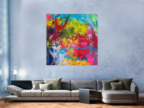 Action Painting Gemälde abstrakt Modern Art sehr Bunt quadratisch handgemalt zeitgenössisch