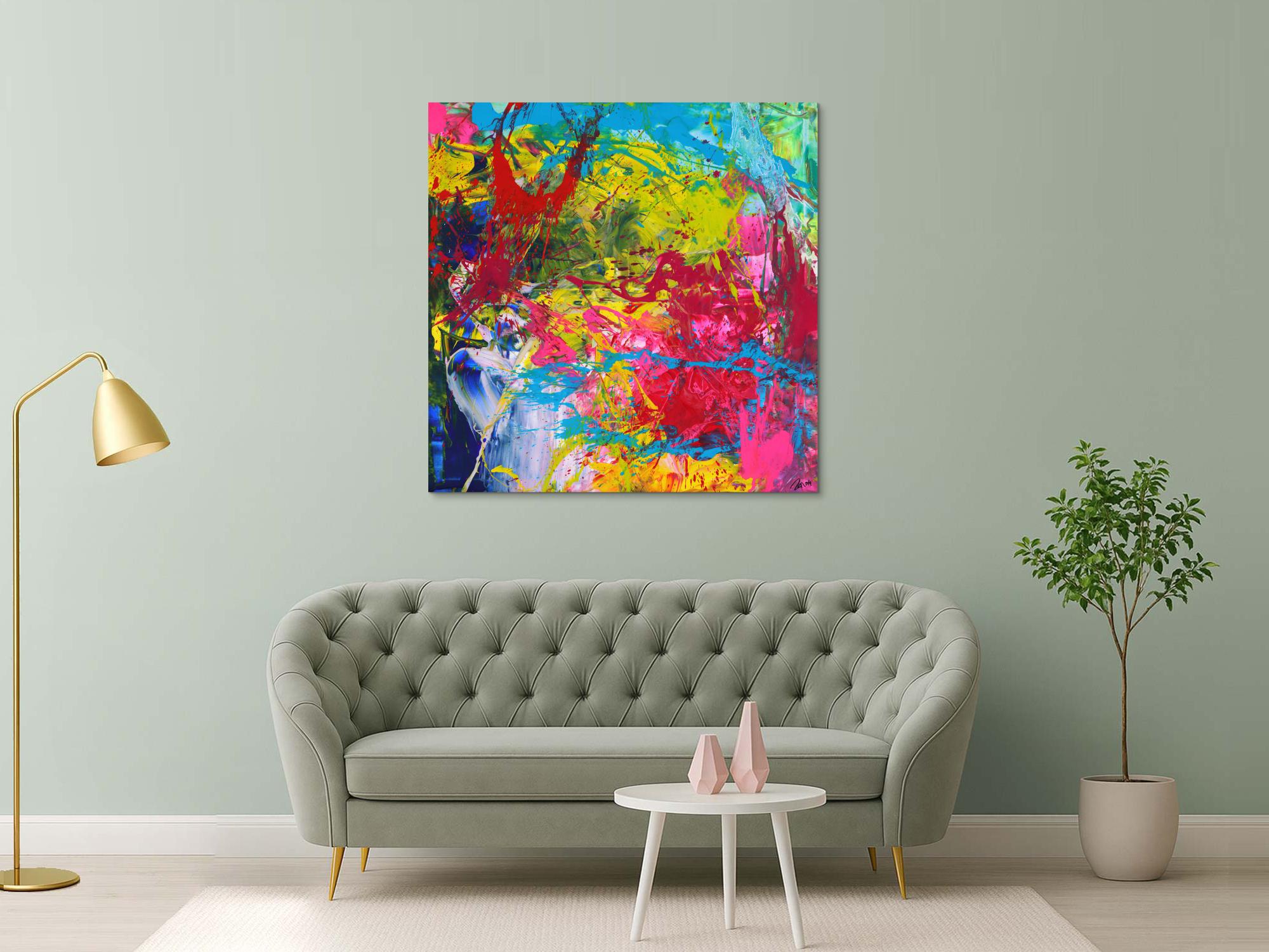 Action Painting Gemälde abstrakt Modern Art sehr Bunt quadratisch handgemalt zeitgenössisch