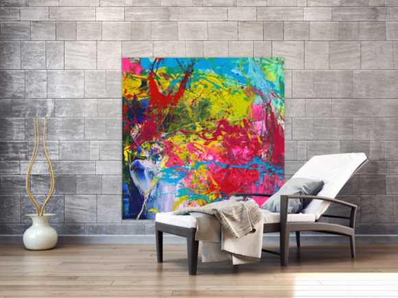 Action Painting Gemälde abstrakt Modern Art sehr Bunt quadratisch handgemalt zeitgenössisch