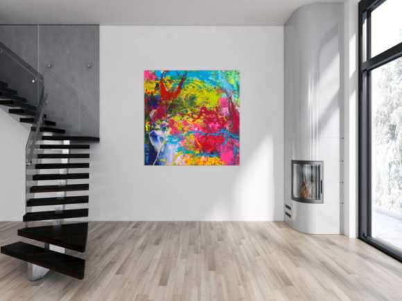 Action Painting Gemälde abstrakt Modern Art sehr Bunt quadratisch handgemalt zeitgenössisch