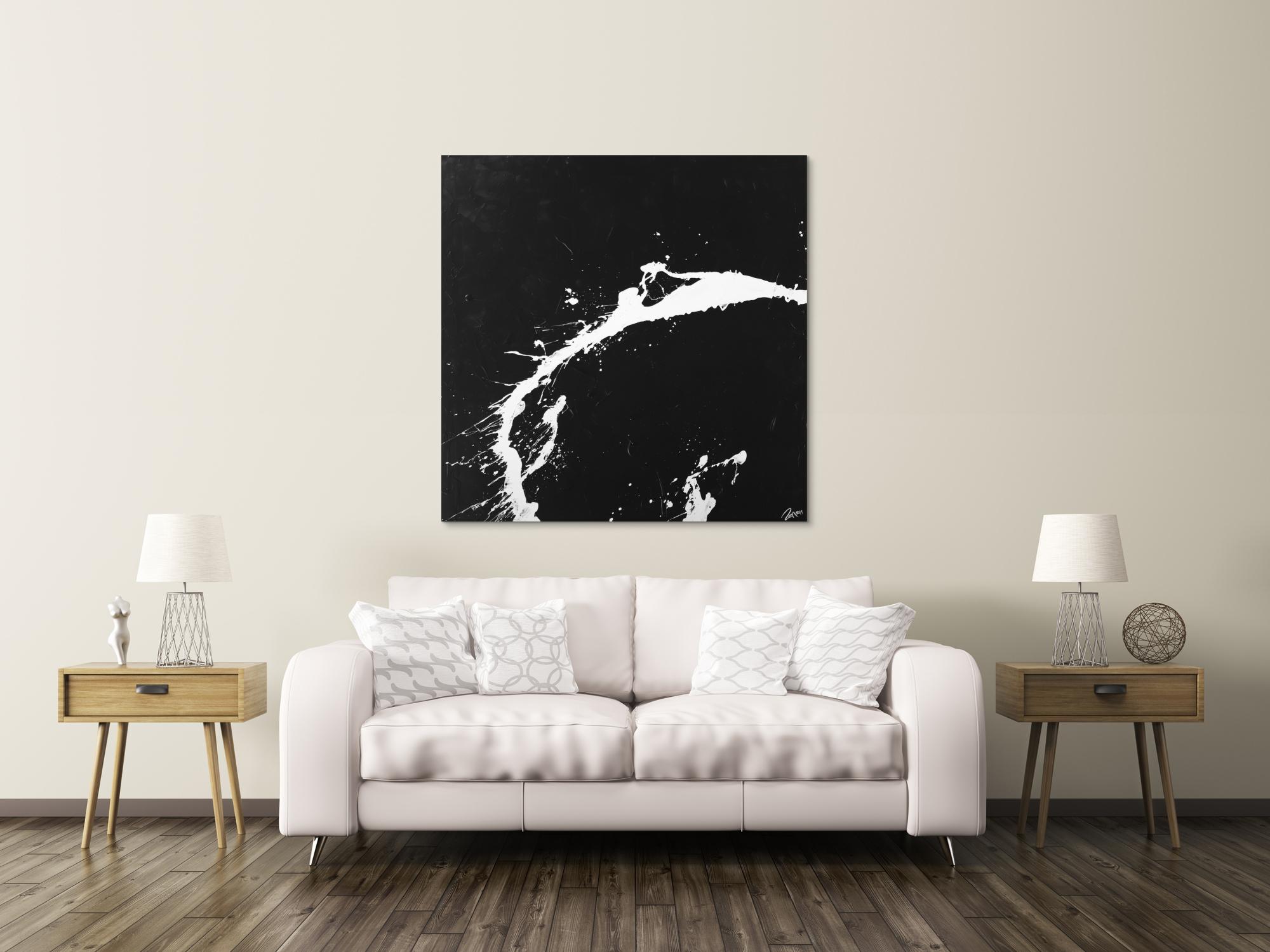 Action Painting Gemälde quadratisch minimalistisch schwarz weiß Modern Art handgemalt