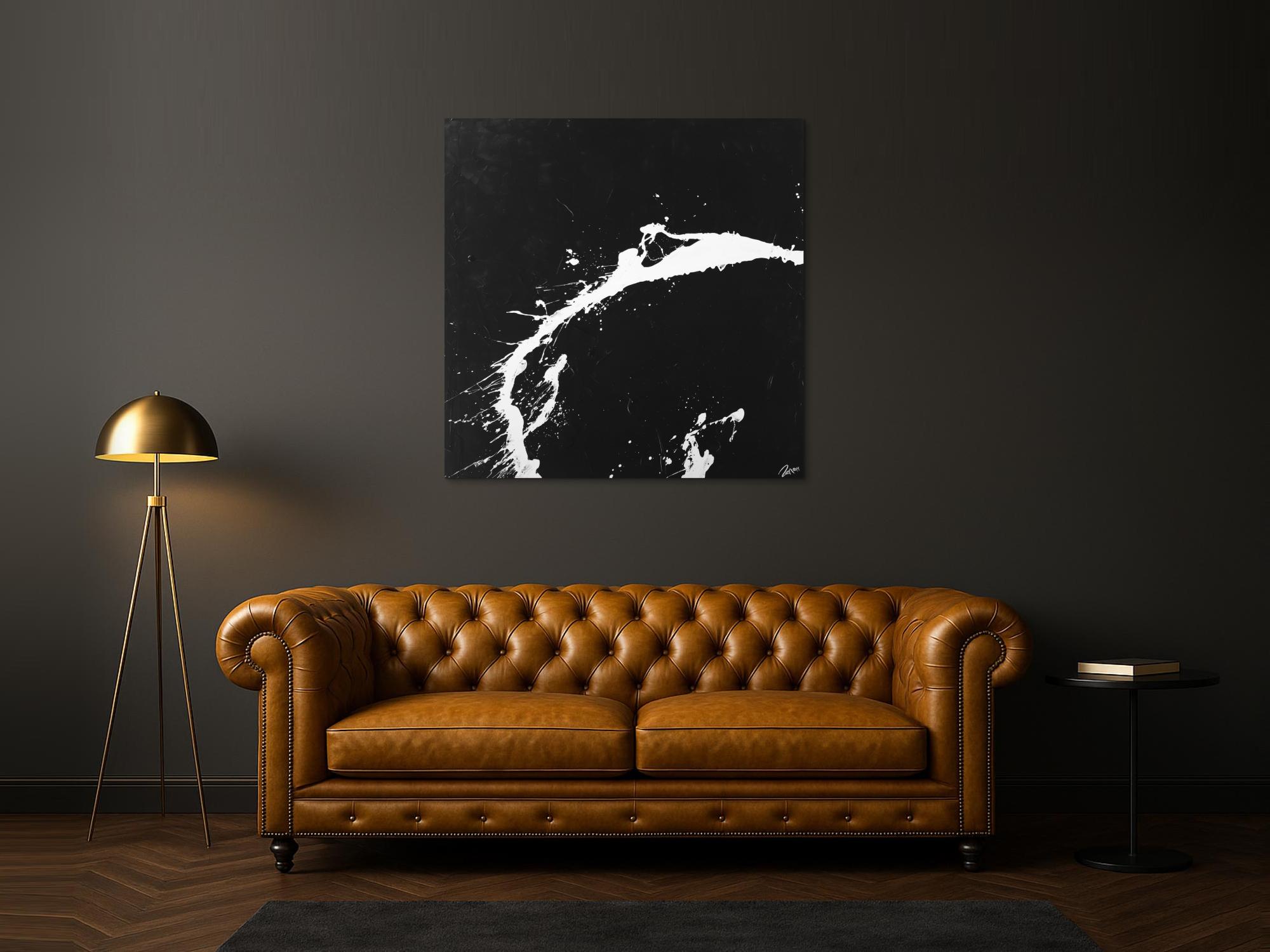 Action Painting Gemälde quadratisch minimalistisch schwarz weiß Modern Art handgemalt