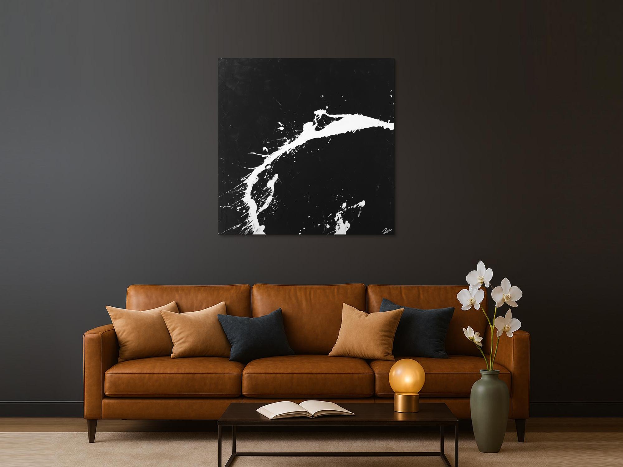 Action Painting Gemälde quadratisch minimalistisch schwarz weiß Modern Art handgemalt