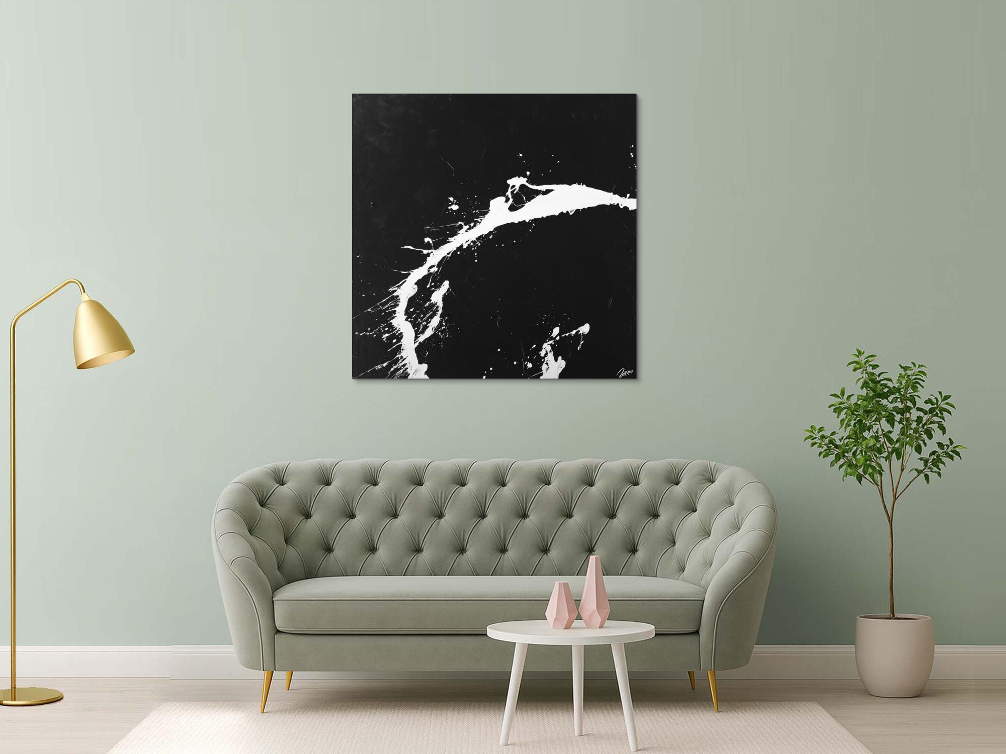 Action Painting Gemälde quadratisch minimalistisch schwarz weiß Modern Art handgemalt