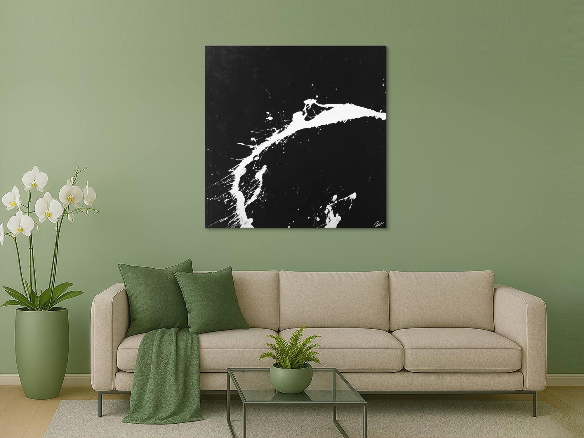 Action Painting Gemälde quadratisch minimalistisch schwarz weiß Modern Art handgemalt