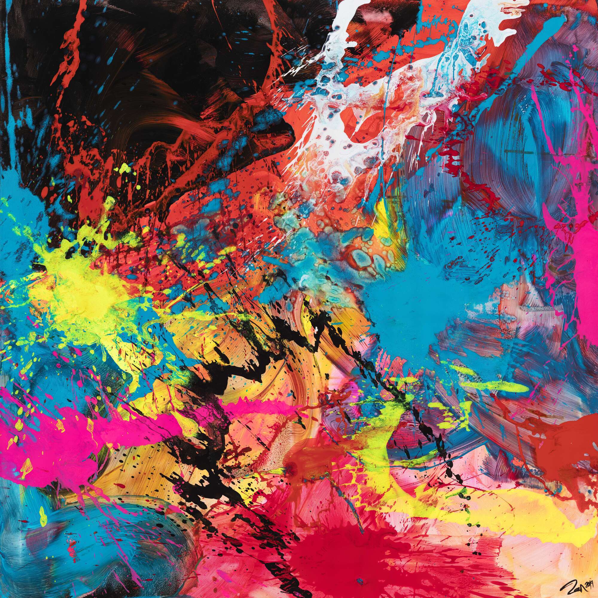 Gemälde Original abstrakt 130x130cm Action Painting zeitgenössisch handgemalt Mischtechnik schwarz rot anthrazit einzigartig