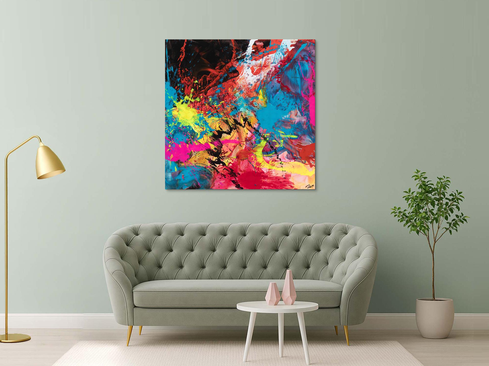 Gemälde Original abstrakt 130x130cm Action Painting zeitgenössisch handgemalt Mischtechnik schwarz rot anthrazit einzigartig