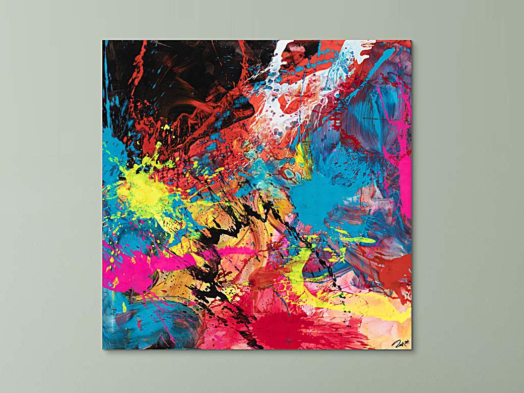 Gemälde Original abstrakt 130x130cm Action Painting zeitgenössisch handgemalt Mischtechnik schwarz rot anthrazit einzigartig