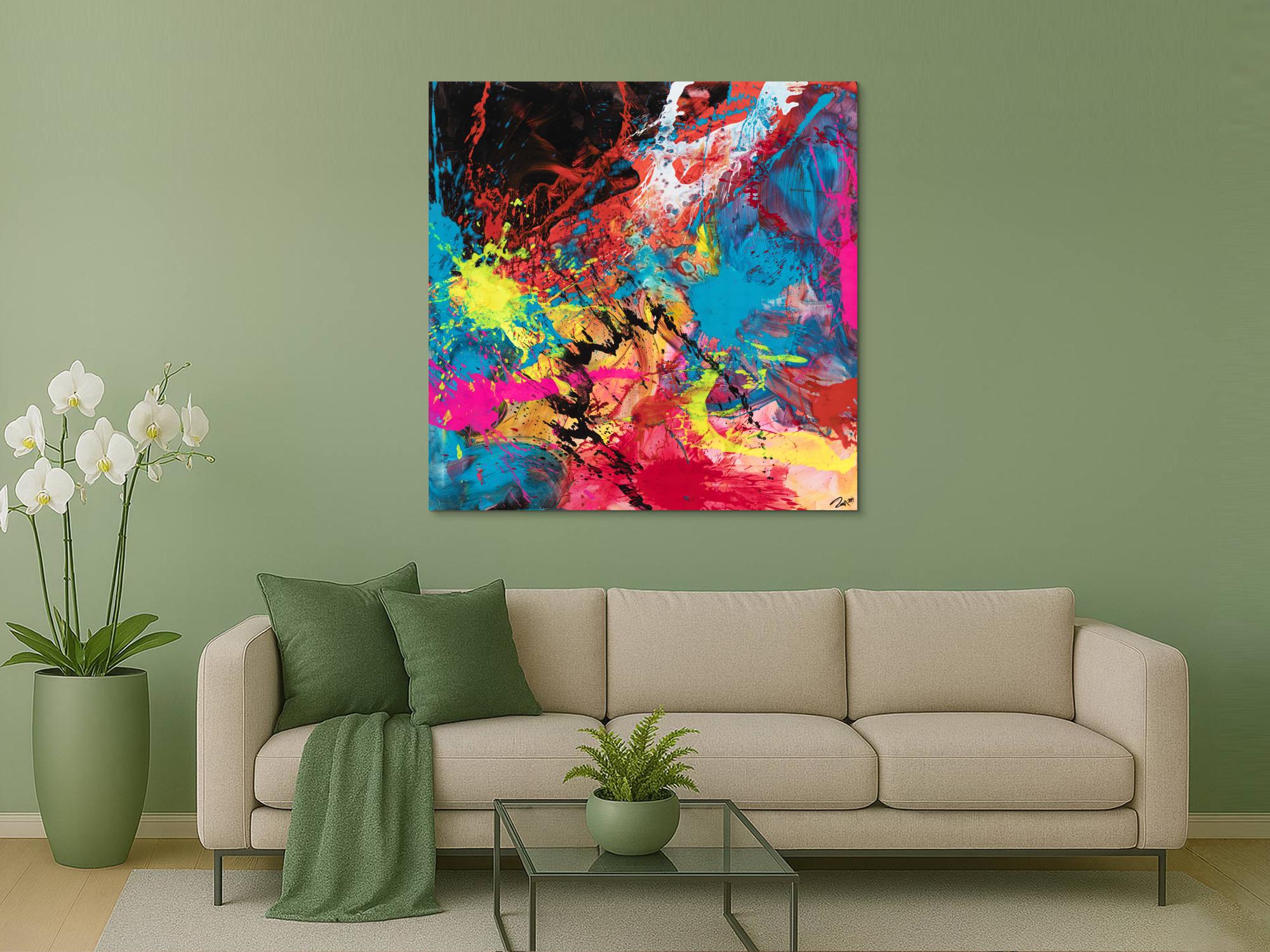 Gemälde Original abstrakt 130x130cm Action Painting zeitgenössisch handgemalt Mischtechnik schwarz rot anthrazit einzigartig