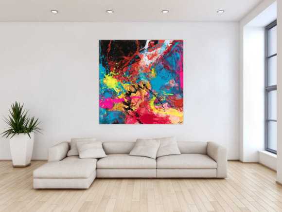 Gemälde Original abstrakt 130x130cm Action Painting zeitgenössisch handgemalt Mischtechnik schwarz rot anthrazit einzigartig