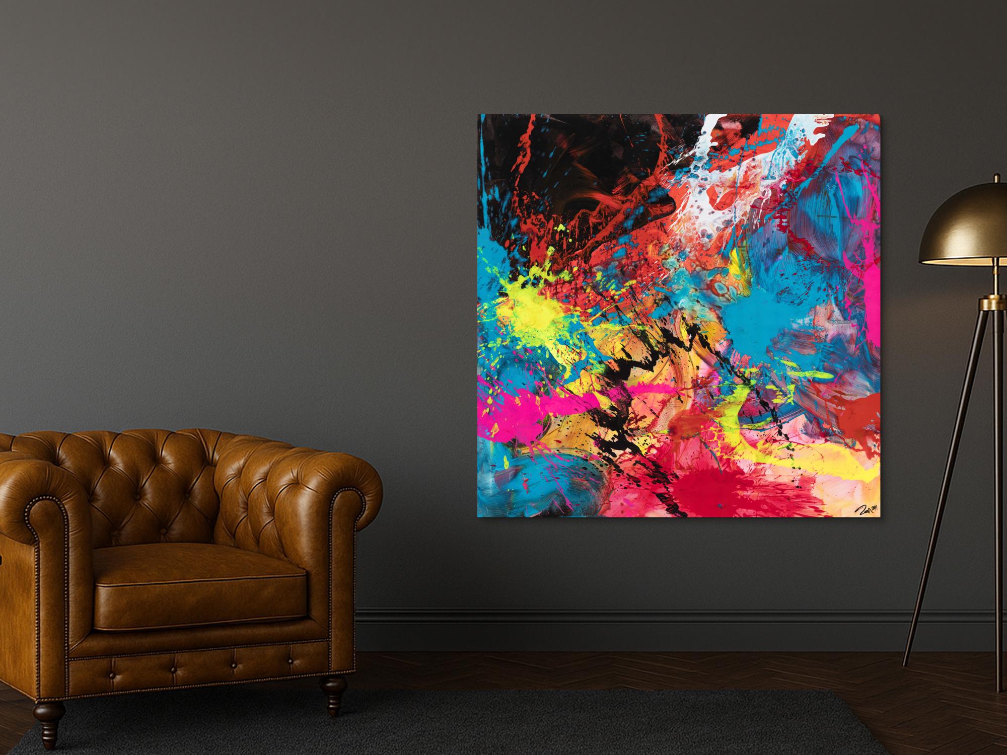 Gemälde Original abstrakt 130x130cm Action Painting zeitgenössisch handgemalt Mischtechnik schwarz rot anthrazit einzigartig