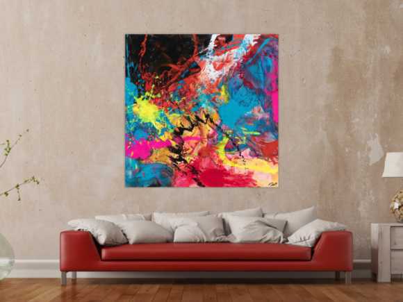 Gemälde Original abstrakt 130x130cm Action Painting zeitgenössisch handgemalt Mischtechnik schwarz rot anthrazit einzigartig