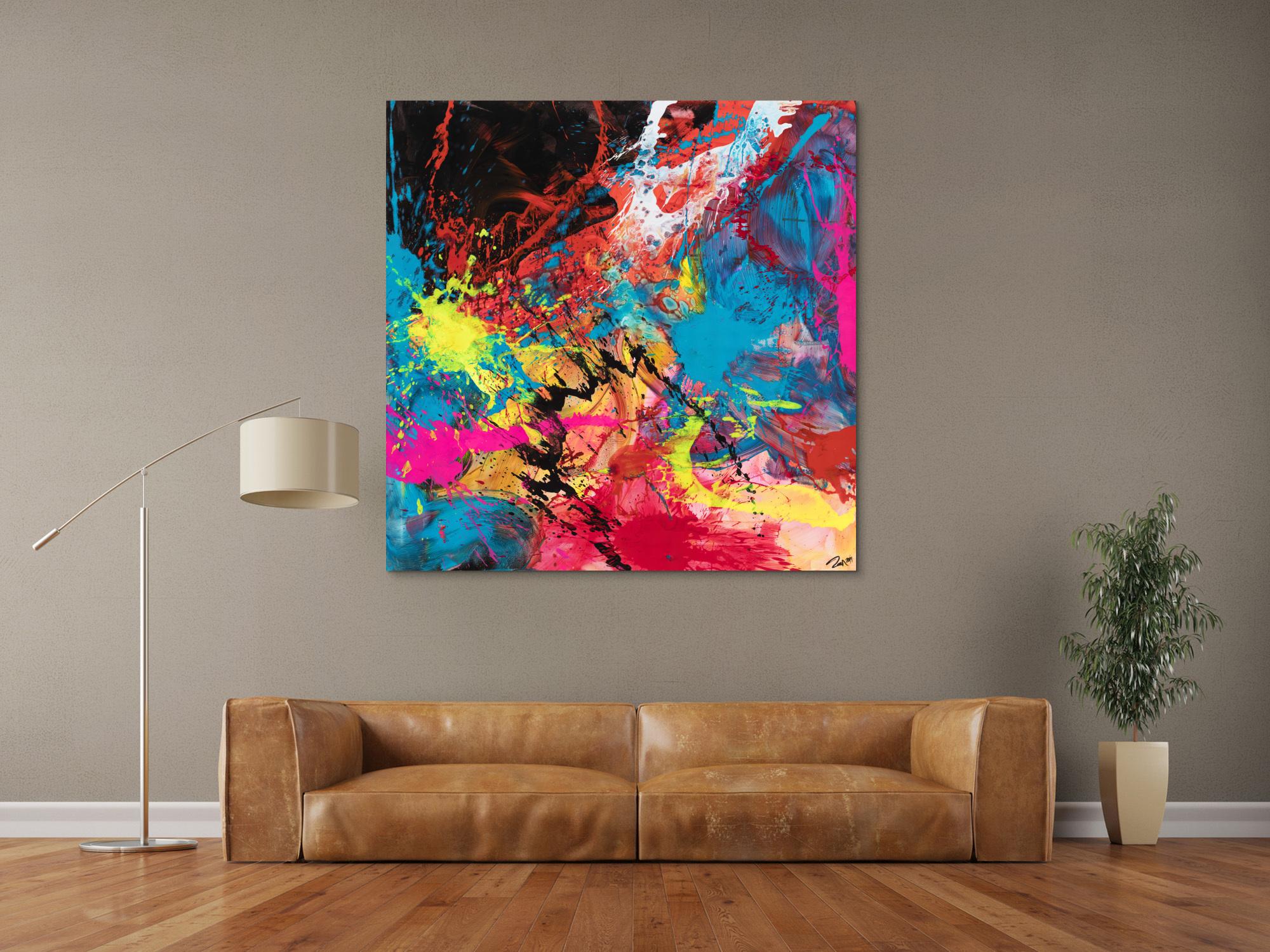 Gemälde Original abstrakt 130x130cm Action Painting zeitgenössisch handgemalt Mischtechnik schwarz rot anthrazit einzigartig