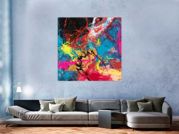Gemälde Original abstrakt 130x130cm Action Painting zeitgenössisch handgemalt Mischtechnik schwarz rot anthrazit einzigartig