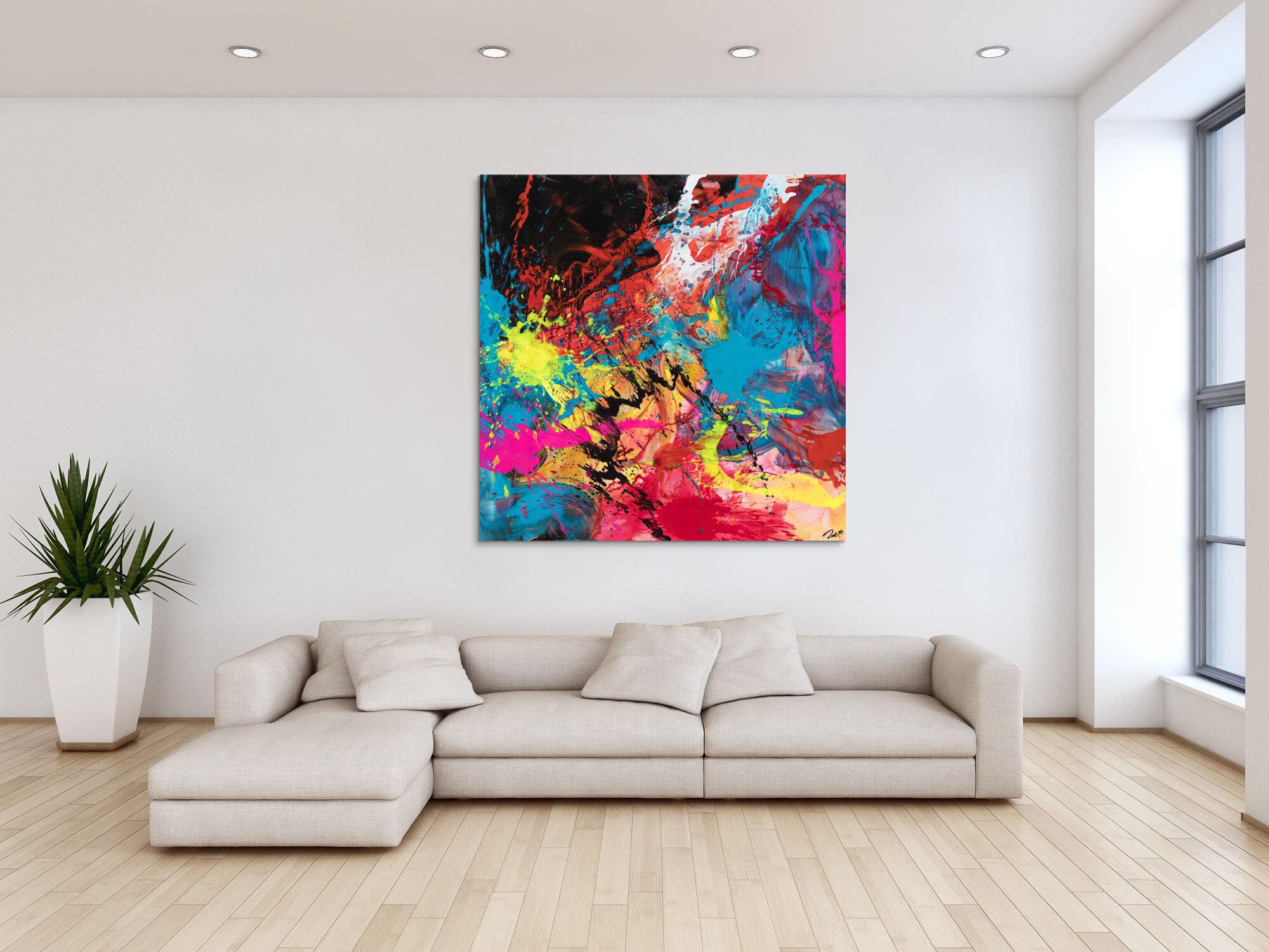 Gemälde Original abstrakt 130x130cm Action Painting zeitgenössisch handgemalt Mischtechnik schwarz rot anthrazit einzigartig