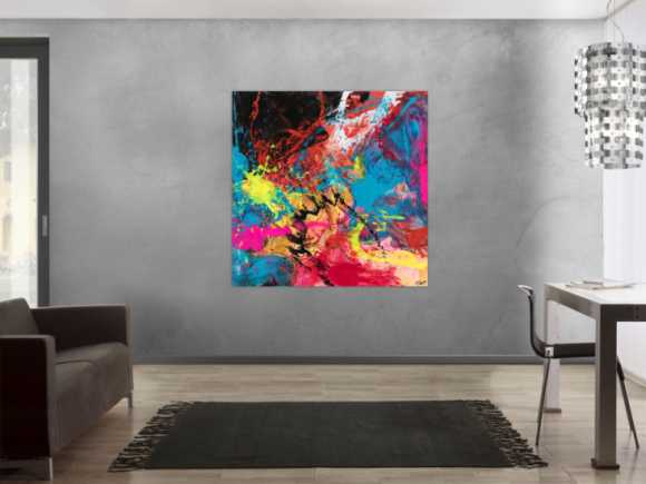 Gemälde Original abstrakt 130x130cm Action Painting zeitgenössisch handgemalt Mischtechnik schwarz rot anthrazit einzigartig