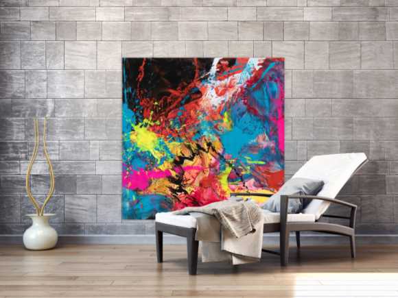 Gemälde Original abstrakt 130x130cm Action Painting zeitgenössisch handgemalt Mischtechnik schwarz rot anthrazit einzigartig