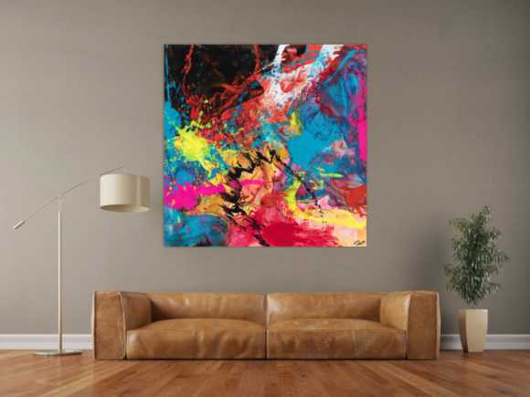 Gemälde Original abstrakt 130x130cm Action Painting zeitgenössisch handgemalt Mischtechnik schwarz rot anthrazit einzigartig