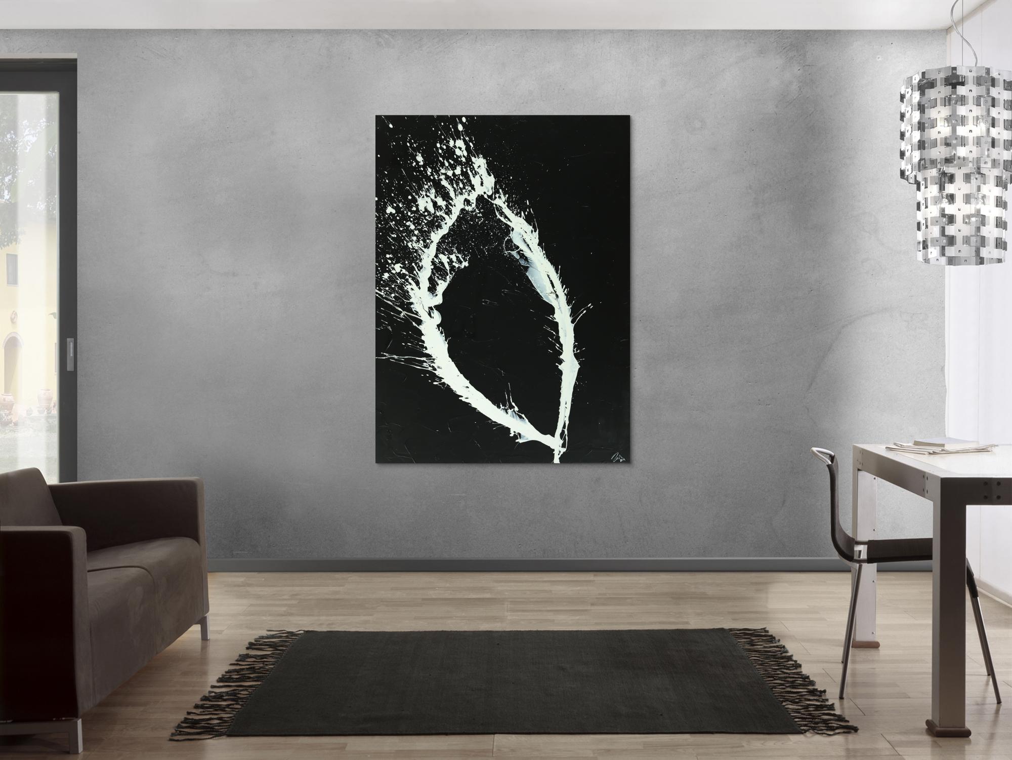 Abstraktes Acrylbild minimalistisch schwarz weiß Action Painting Gemälde Modern Art handgemalt 