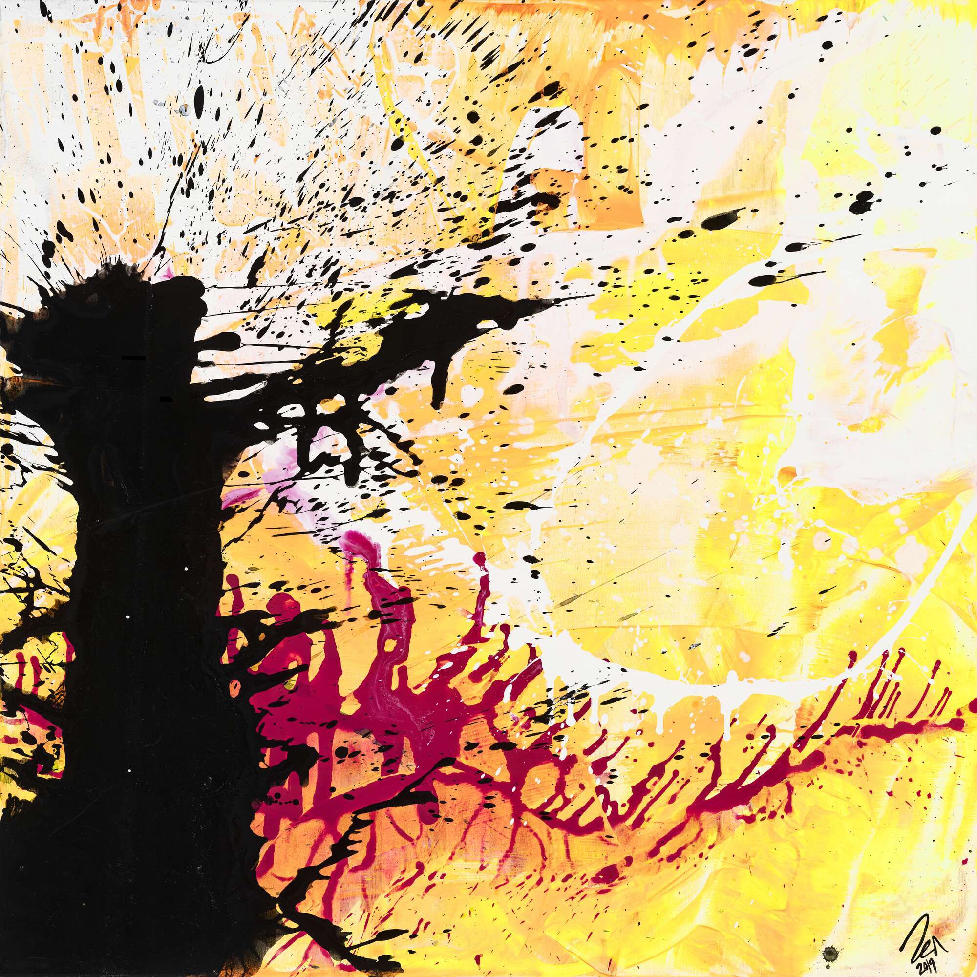 Abstraktes Original Gemälde 110x110cm Action Painting Moderne Kunst handgemalt Mischtechnik weiß gelb schwarz einzigartig