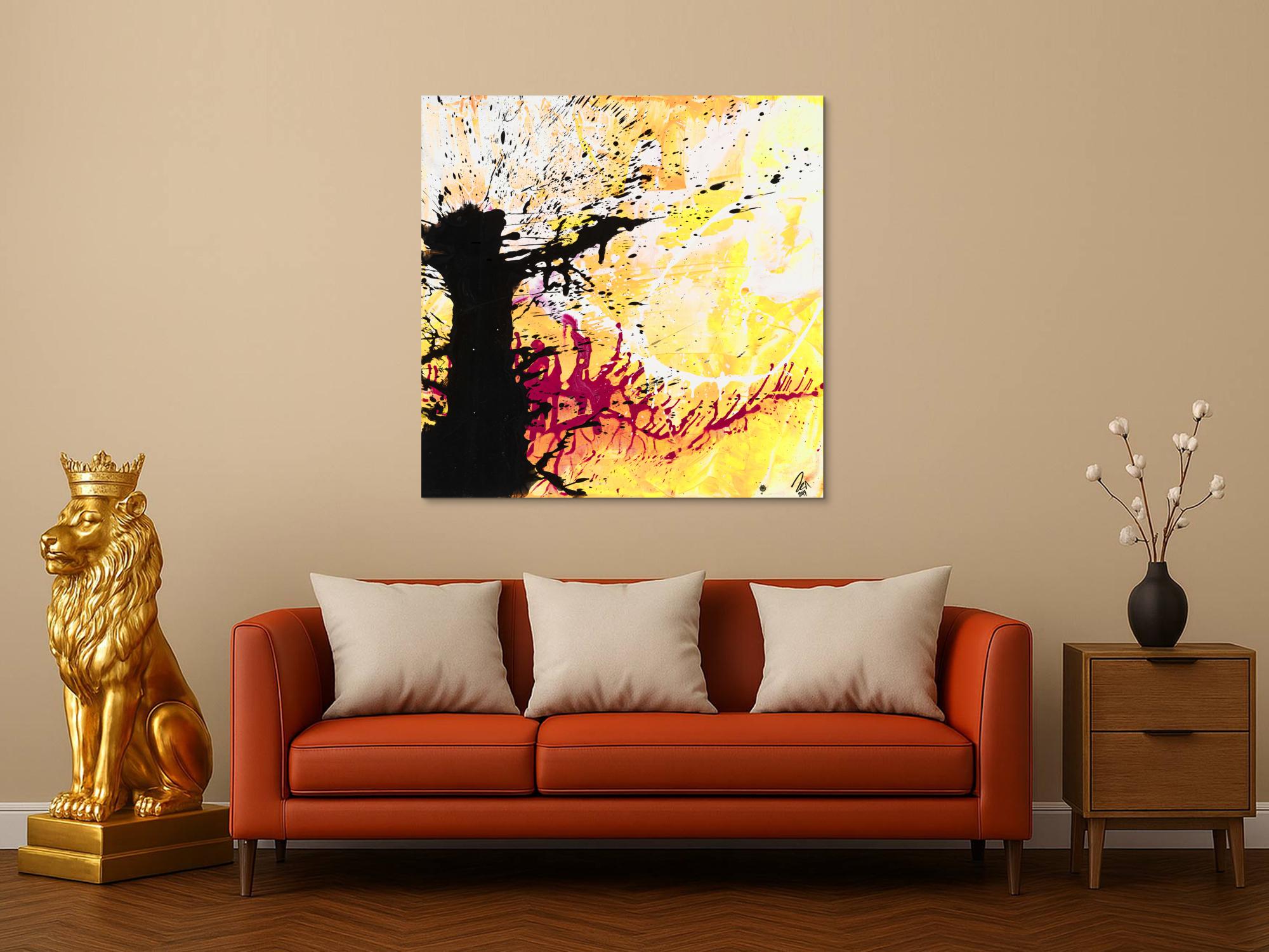 Abstraktes Original Gemälde 110x110cm Action Painting Moderne Kunst handgemalt Mischtechnik weiß gelb schwarz einzigartig