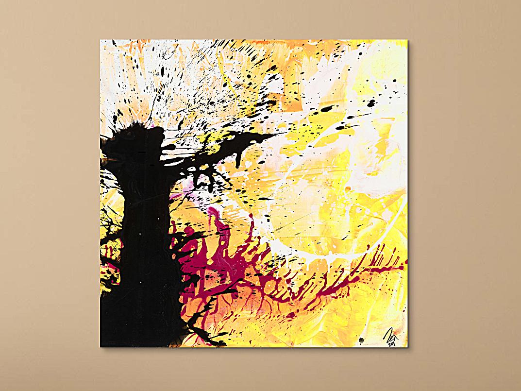 Abstraktes Original Gemälde 110x110cm Action Painting Moderne Kunst handgemalt Mischtechnik weiß gelb schwarz einzigartig