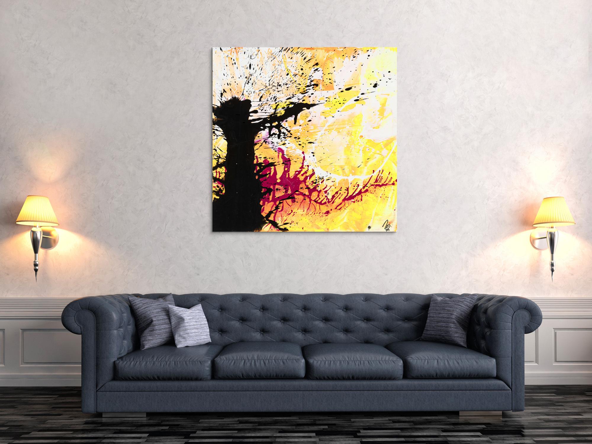 Abstraktes Original Gemälde 110x110cm Action Painting Moderne Kunst handgemalt Mischtechnik weiß gelb schwarz einzigartig