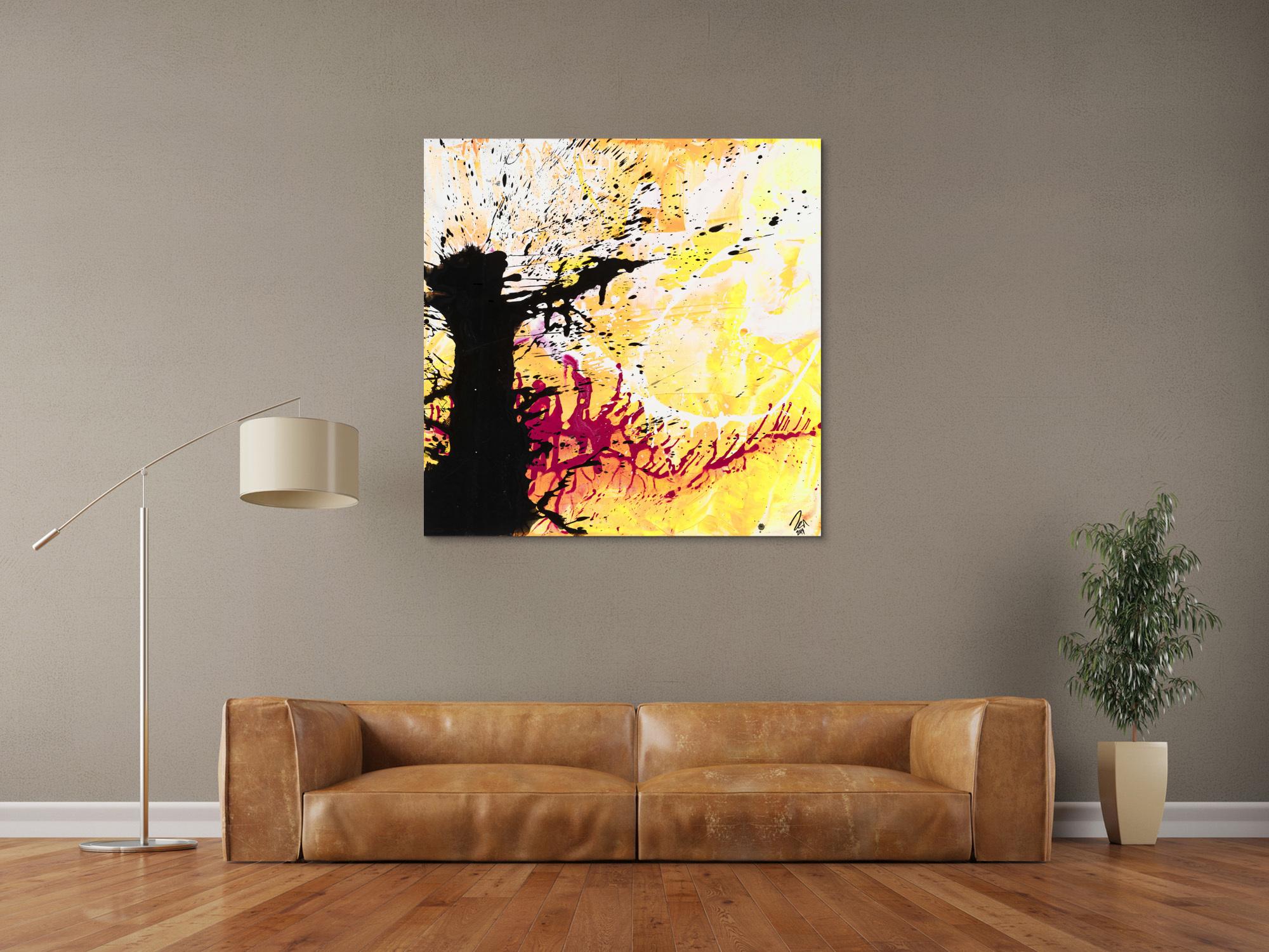 Abstraktes Original Gemälde 110x110cm Action Painting Moderne Kunst handgemalt Mischtechnik weiß gelb schwarz einzigartig