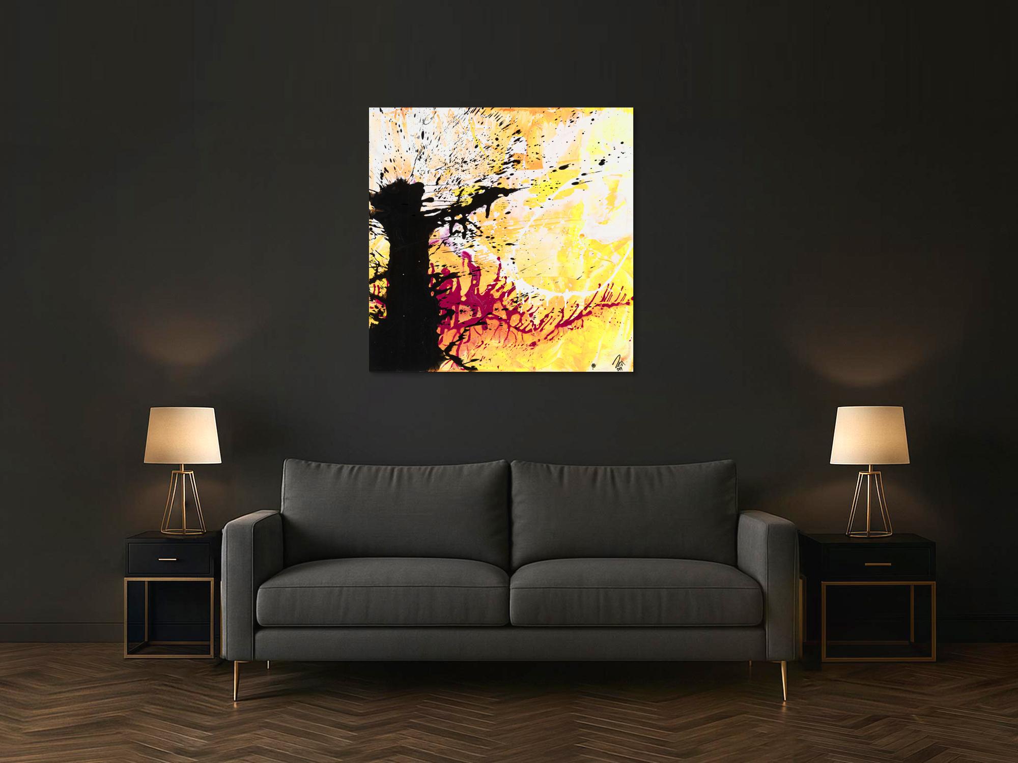Abstraktes Original Gemälde 110x110cm Action Painting Moderne Kunst handgemalt Mischtechnik weiß gelb schwarz einzigartig