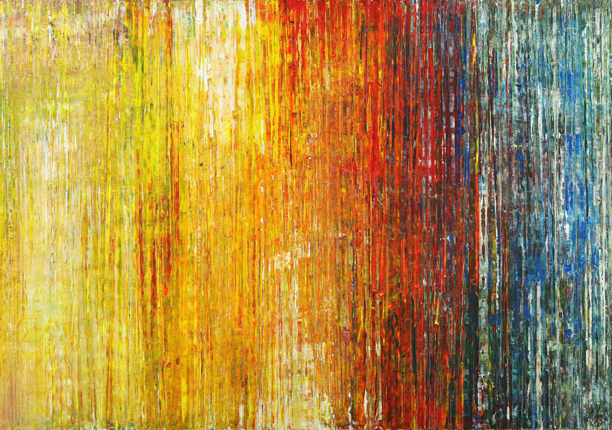 Abstraktes Gemälde Spachteltehnik Modern Art gelb orange weiß rot blau bunte Farben handgemalt