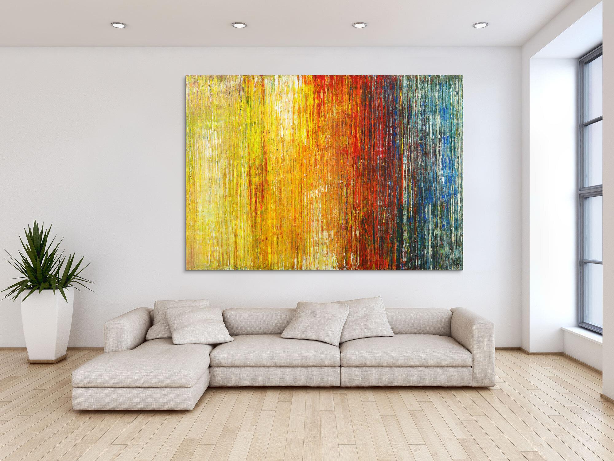 Abstraktes Gemälde Spachteltehnik Modern Art gelb orange weiß rot blau bunte Farben handgemalt