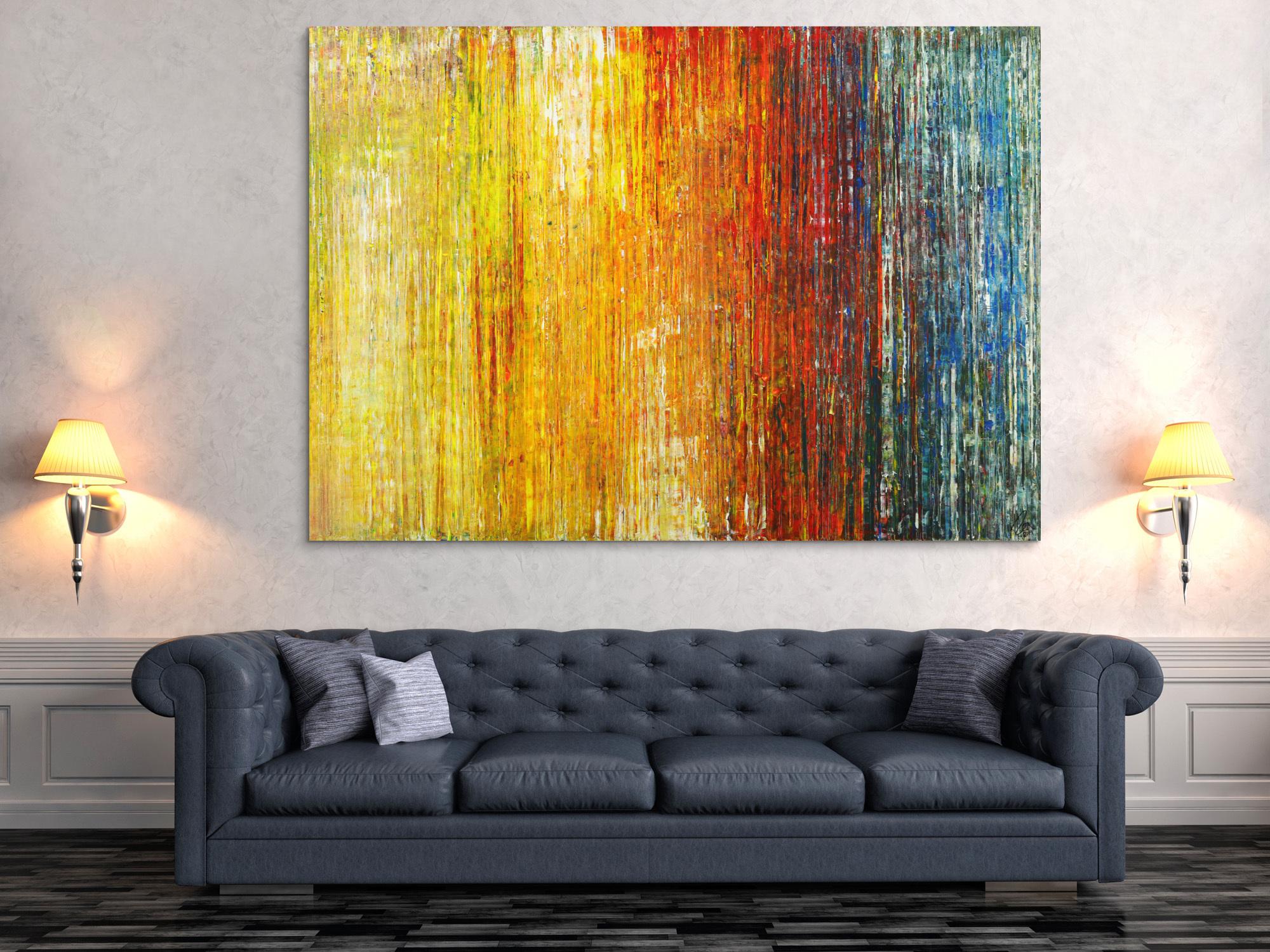 Abstraktes Gemälde Spachteltehnik Modern Art gelb orange weiß rot blau bunte Farben handgemalt