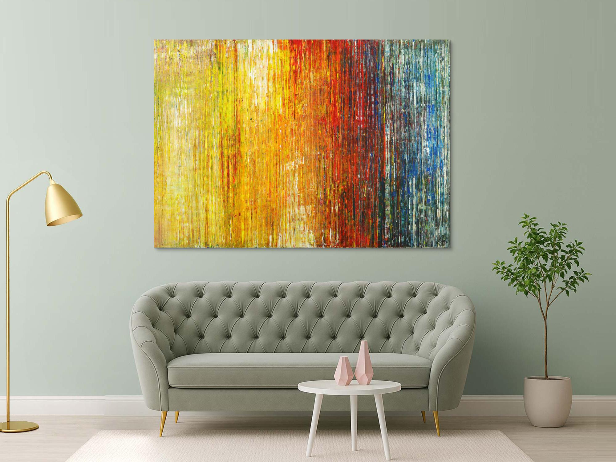 Abstraktes Gemälde Spachteltehnik Modern Art gelb orange weiß rot blau bunte Farben handgemalt