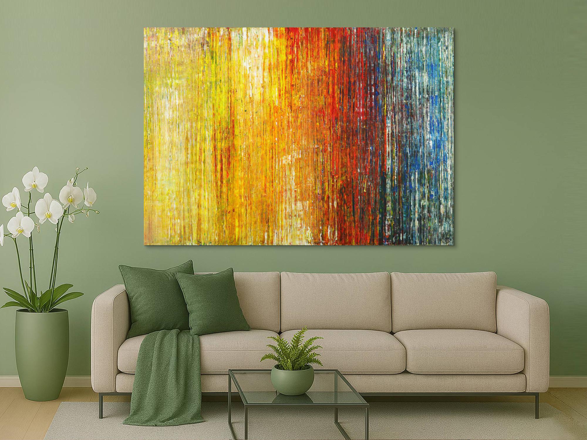 Abstraktes Gemälde Spachteltehnik Modern Art gelb orange weiß rot blau bunte Farben handgemalt