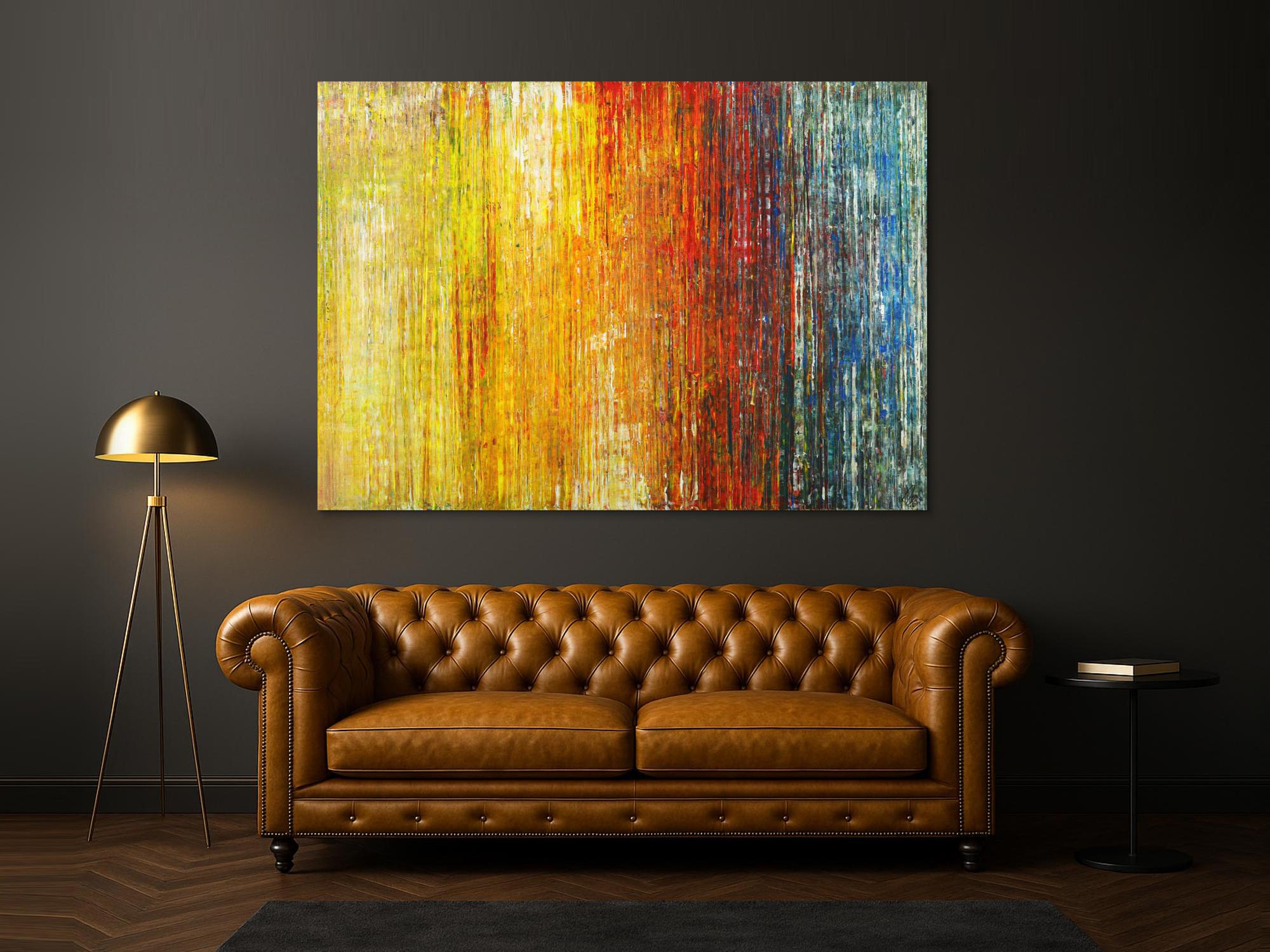 Abstraktes Gemälde Spachteltehnik Modern Art gelb orange weiß rot blau bunte Farben handgemalt