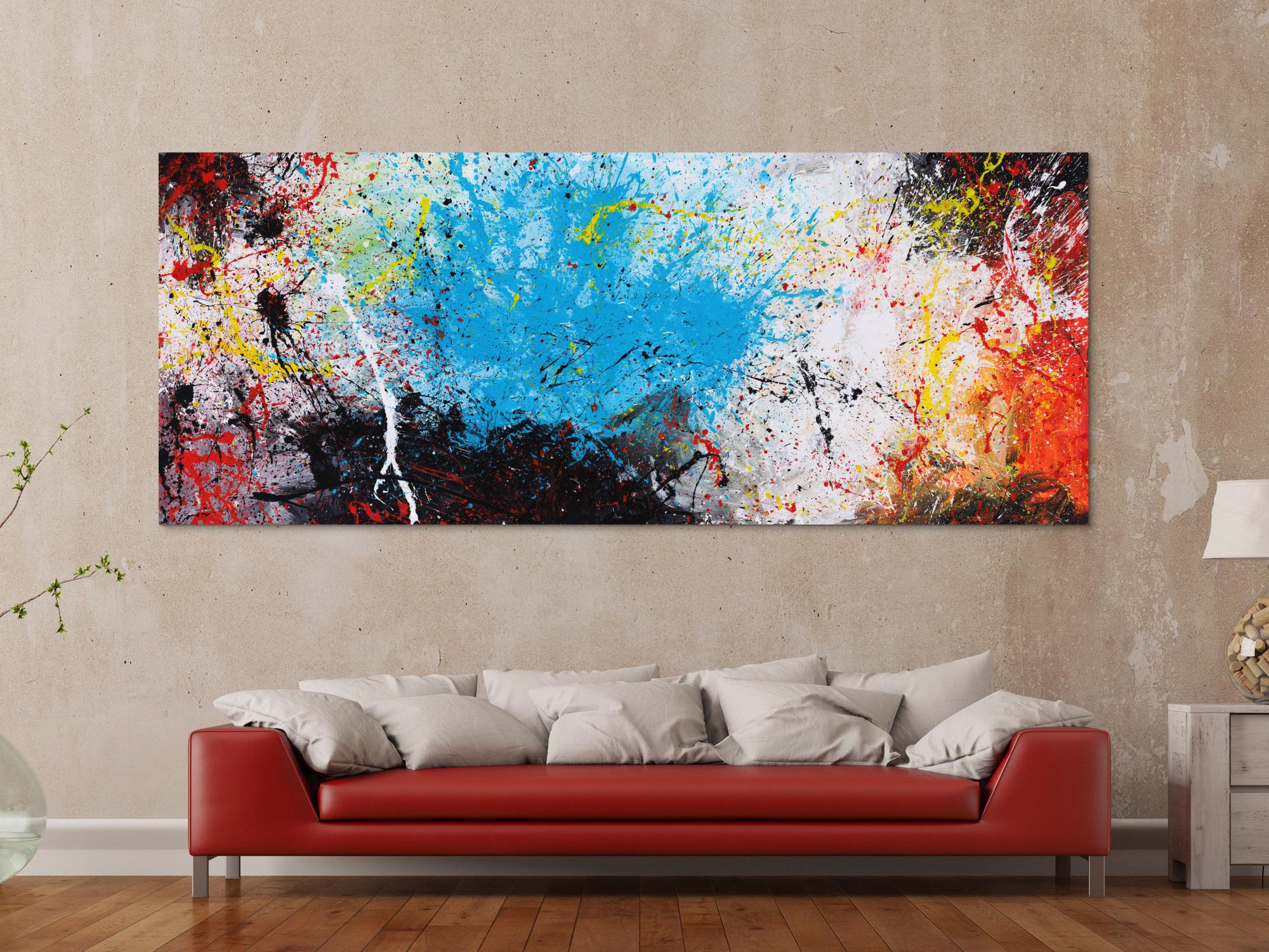 Abstraktes Gemälde Action painting XXL auf Leinwand handgemalt bunte Farben Mischtechnik