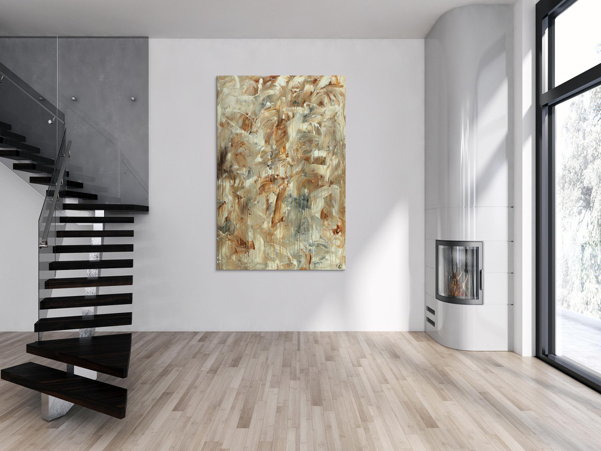 Abstraktes Gemälde auf Leinwand handgemalt Mischtechnik Modern Art braun grau weiß