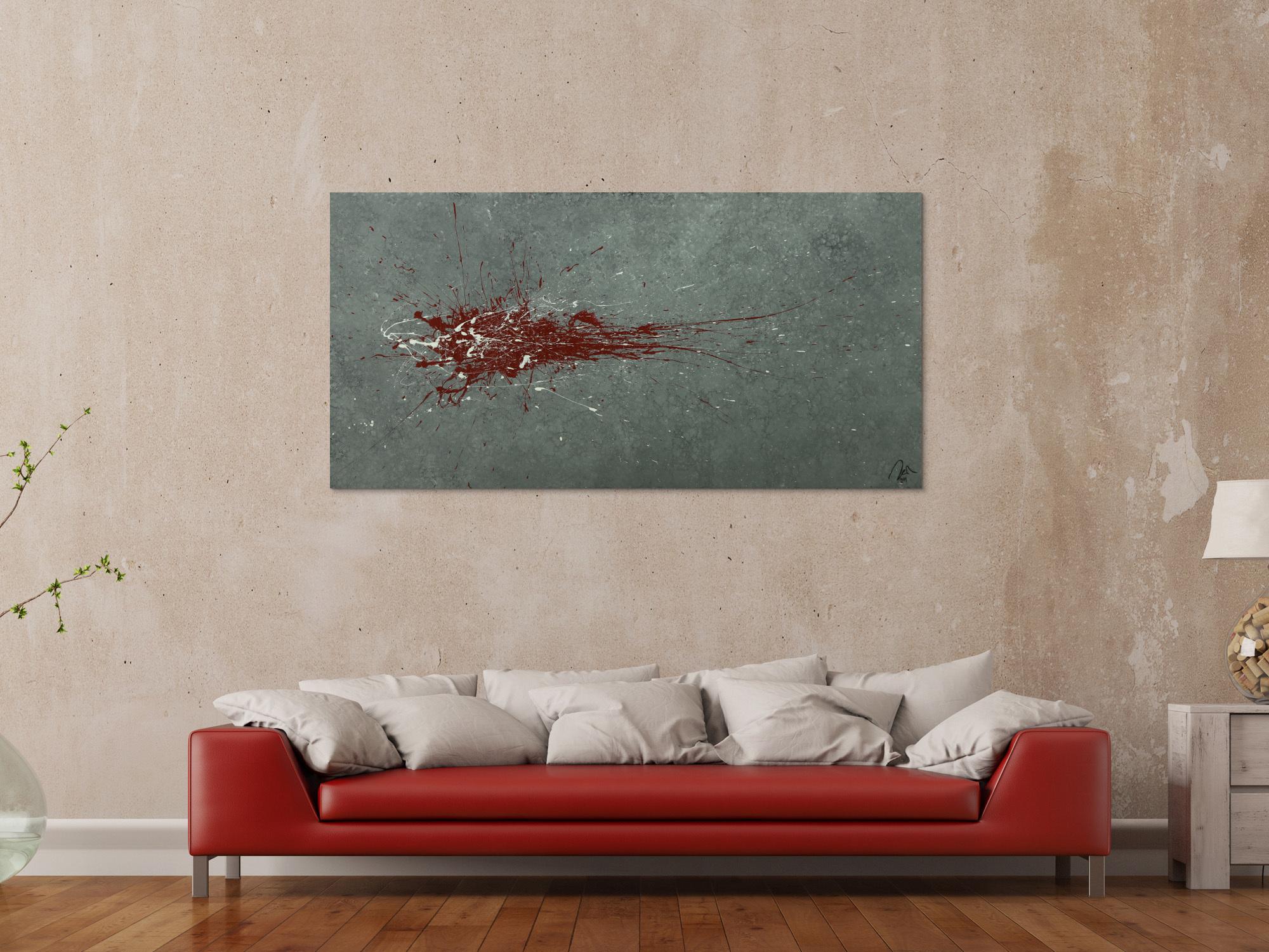 Monders Abstraktes Gemälde handgemalt Mischtechnik auf Leinwand grau rot weiß