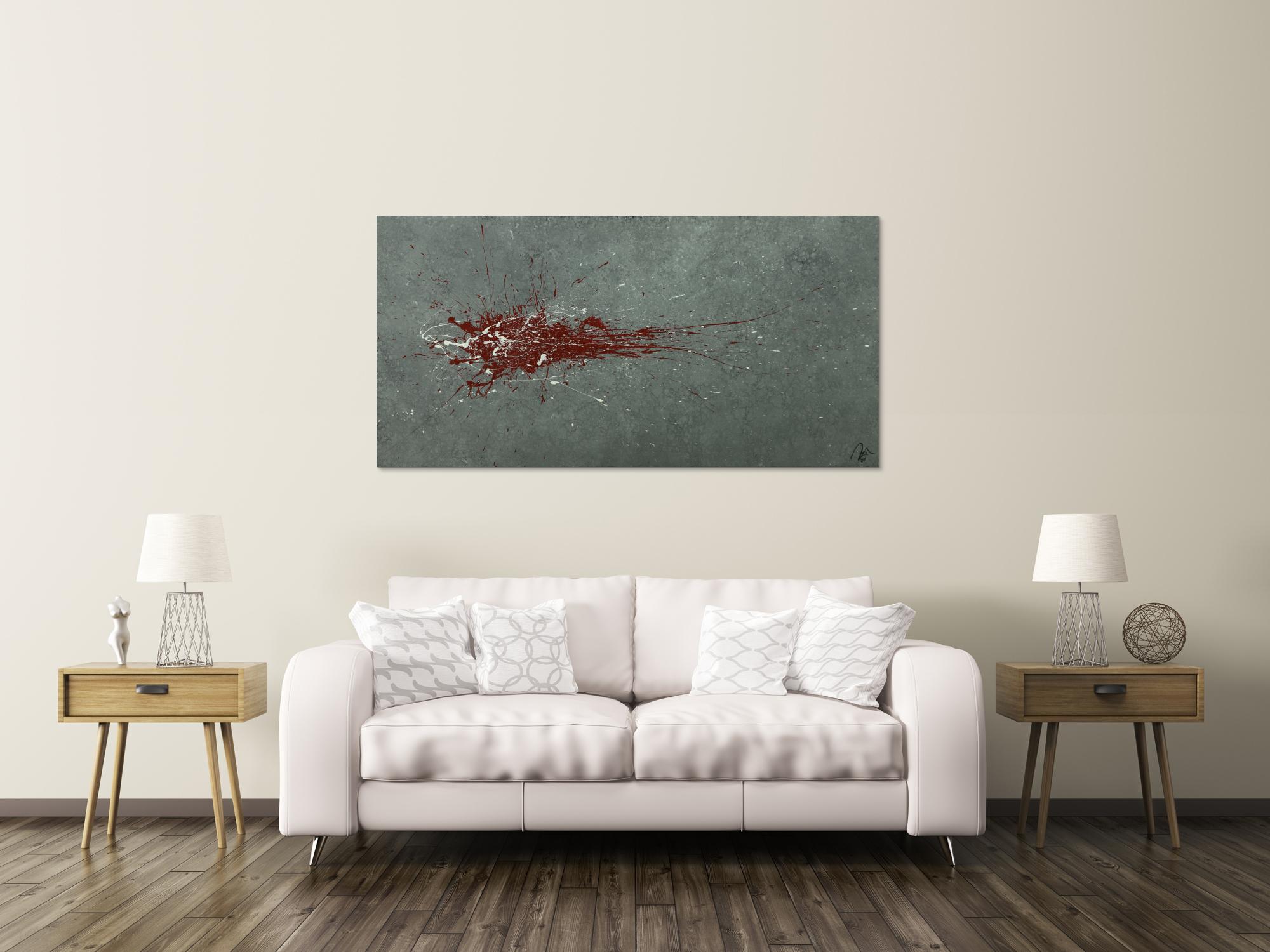 Monders Abstraktes Gemälde handgemalt Mischtechnik auf Leinwand grau rot weiß