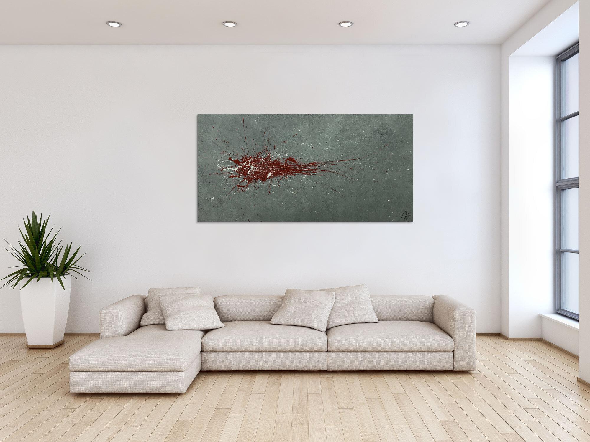 Monders Abstraktes Gemälde handgemalt Mischtechnik auf Leinwand grau rot weiß