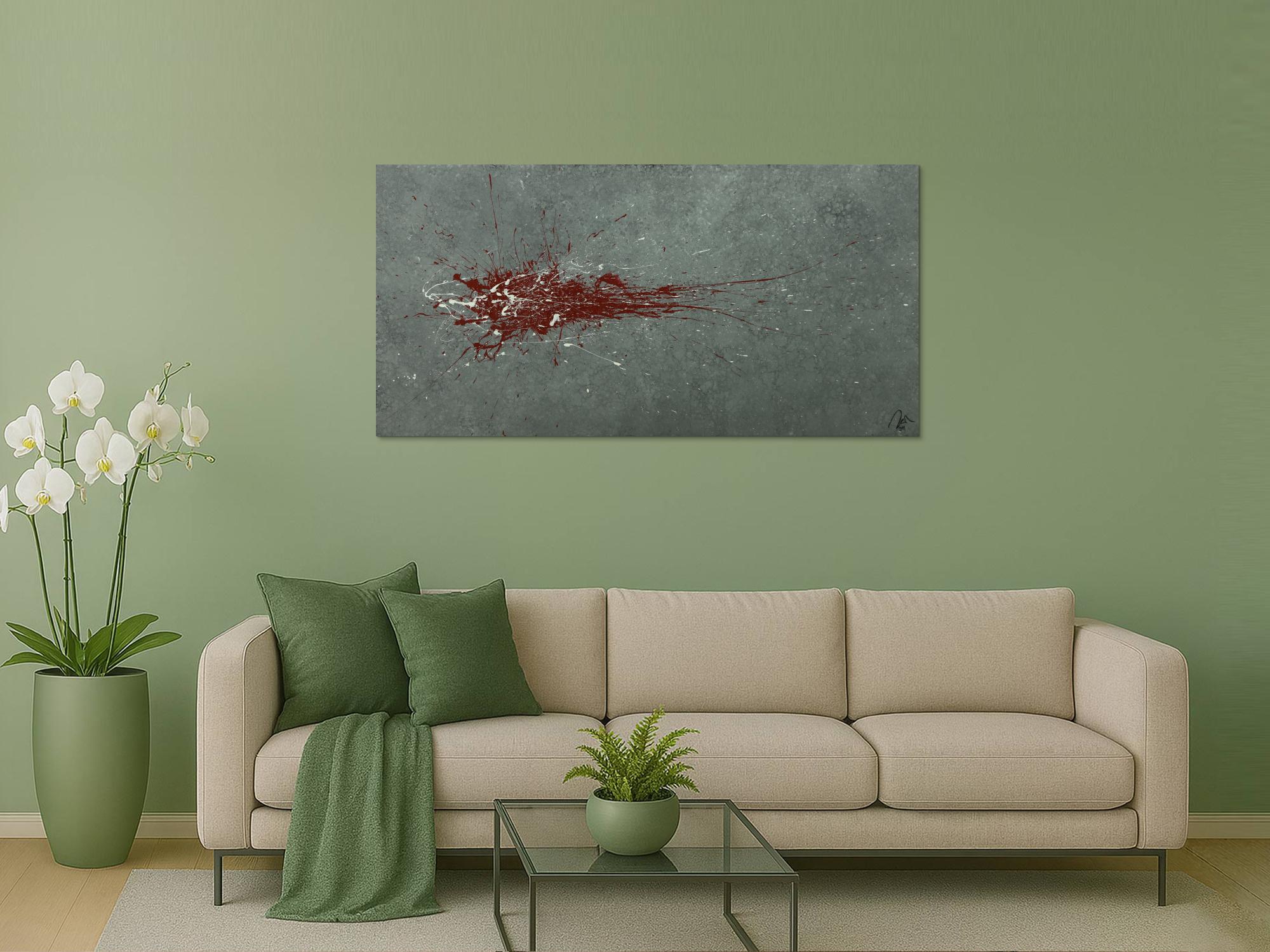 Monders Abstraktes Gemälde handgemalt Mischtechnik auf Leinwand grau rot weiß