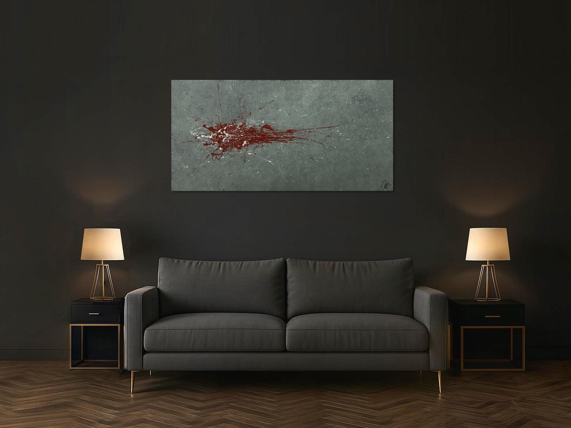 Monders Abstraktes Gemälde handgemalt Mischtechnik auf Leinwand grau rot weiß