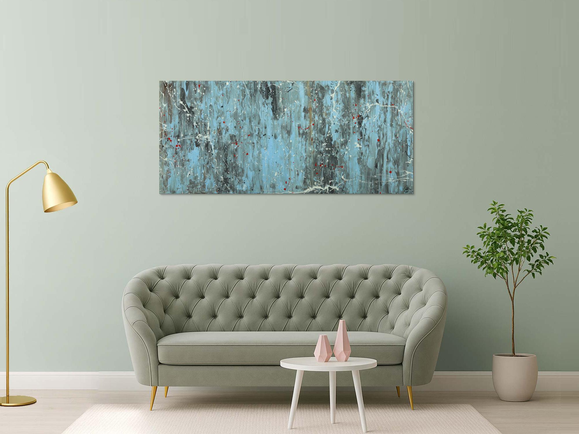 Abstraktes Acrylbild Modern Art blau grau weiß rot auf Leinwand handgemalt