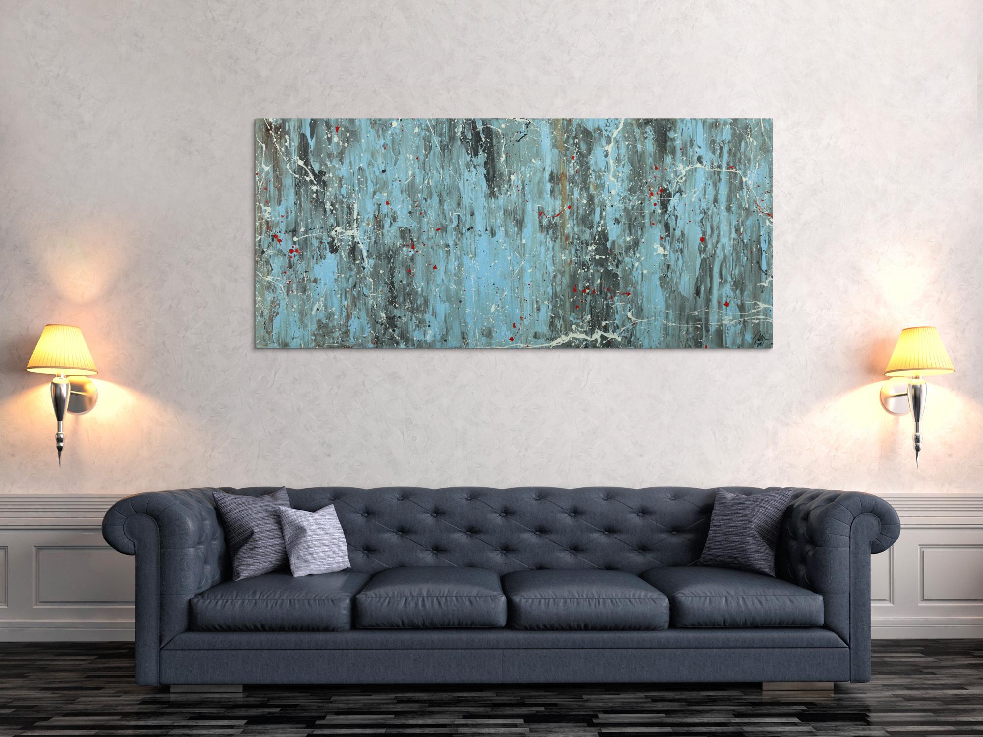 Abstraktes Acrylbild Modern Art blau grau weiß rot auf Leinwand handgemalt