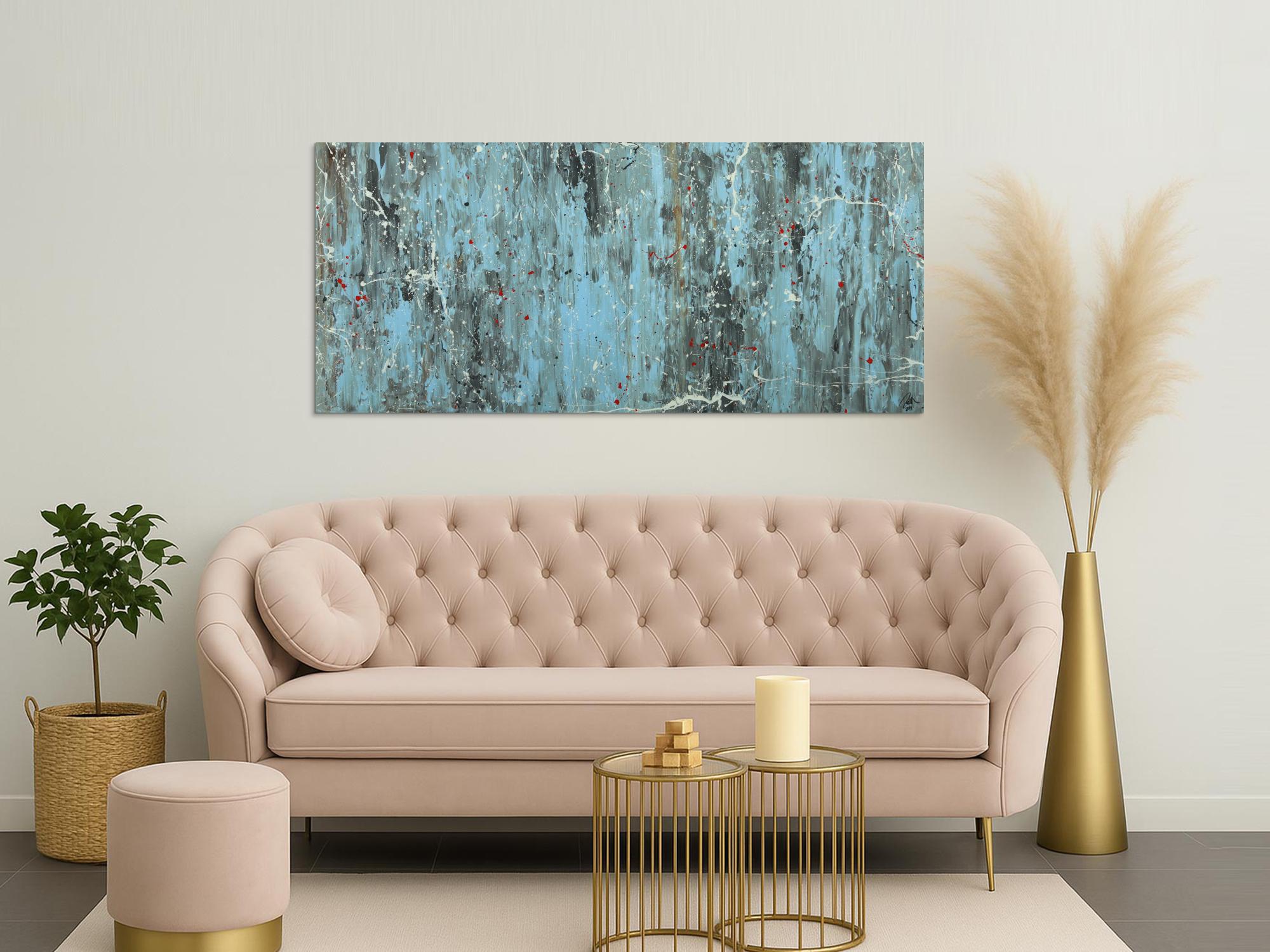 Abstraktes Acrylbild Modern Art blau grau weiß rot auf Leinwand handgemalt