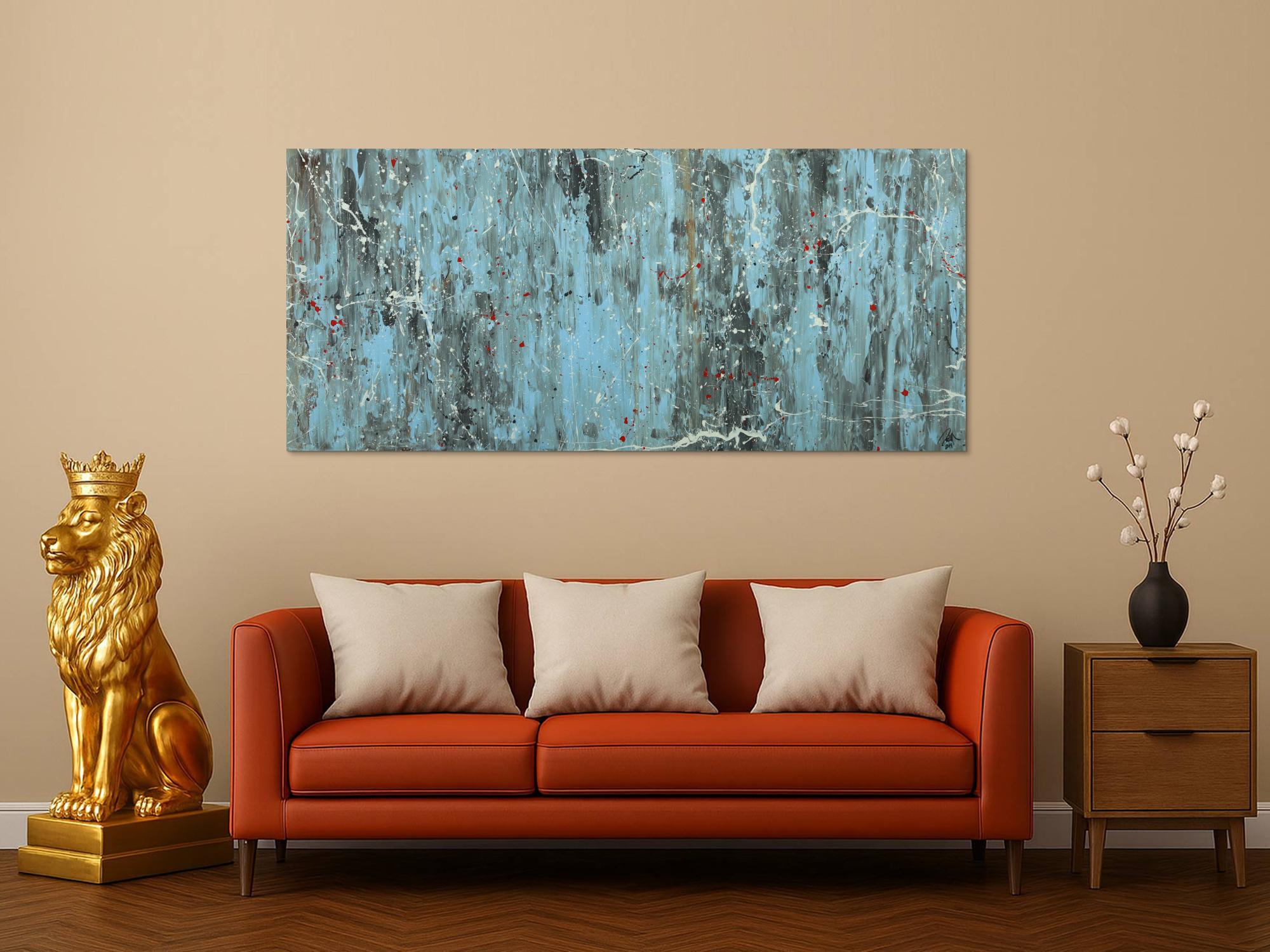 Abstraktes Acrylbild Modern Art blau grau weiß rot auf Leinwand handgemalt