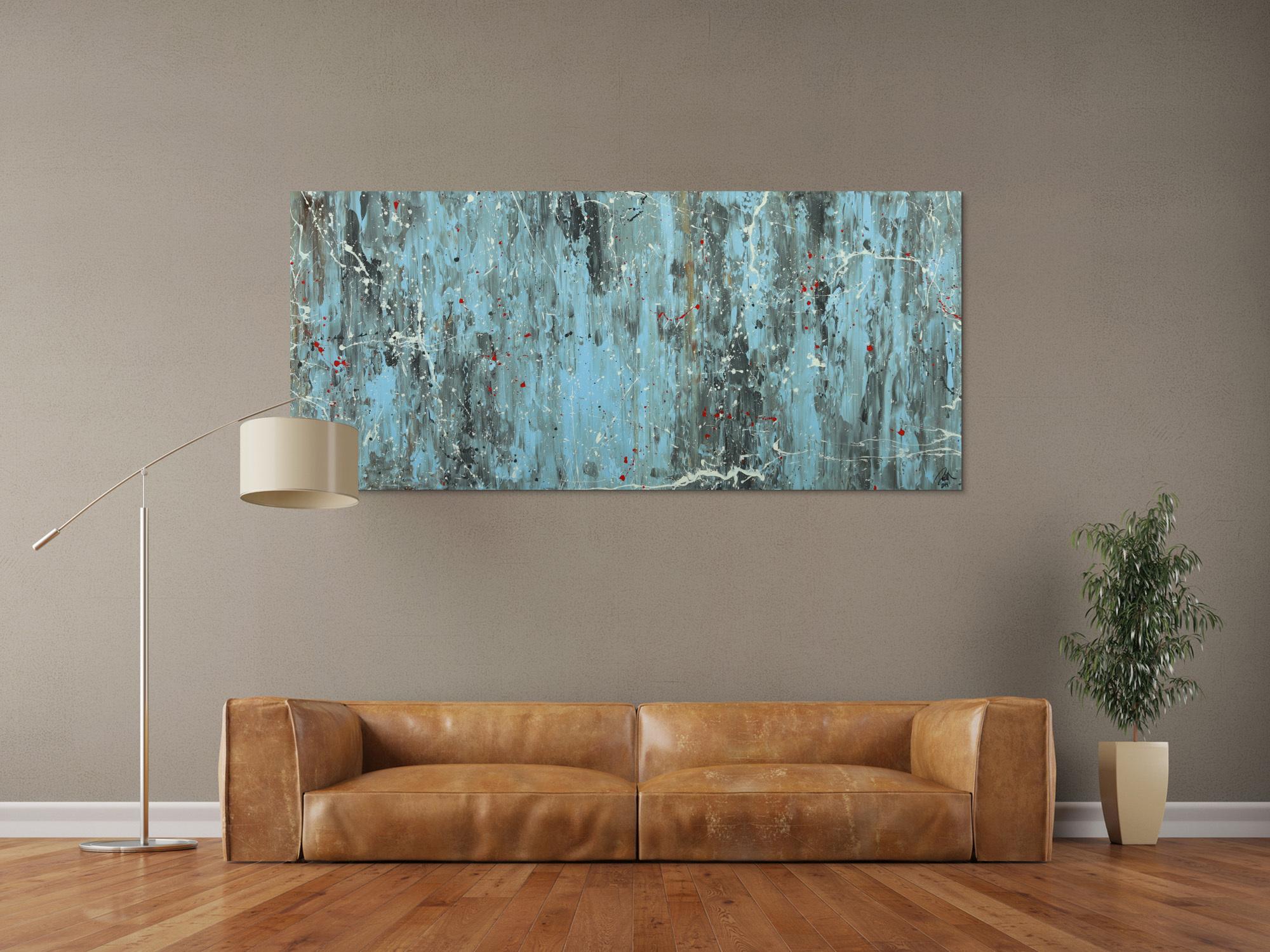 Abstraktes Acrylbild Modern Art blau grau weiß rot auf Leinwand handgemalt