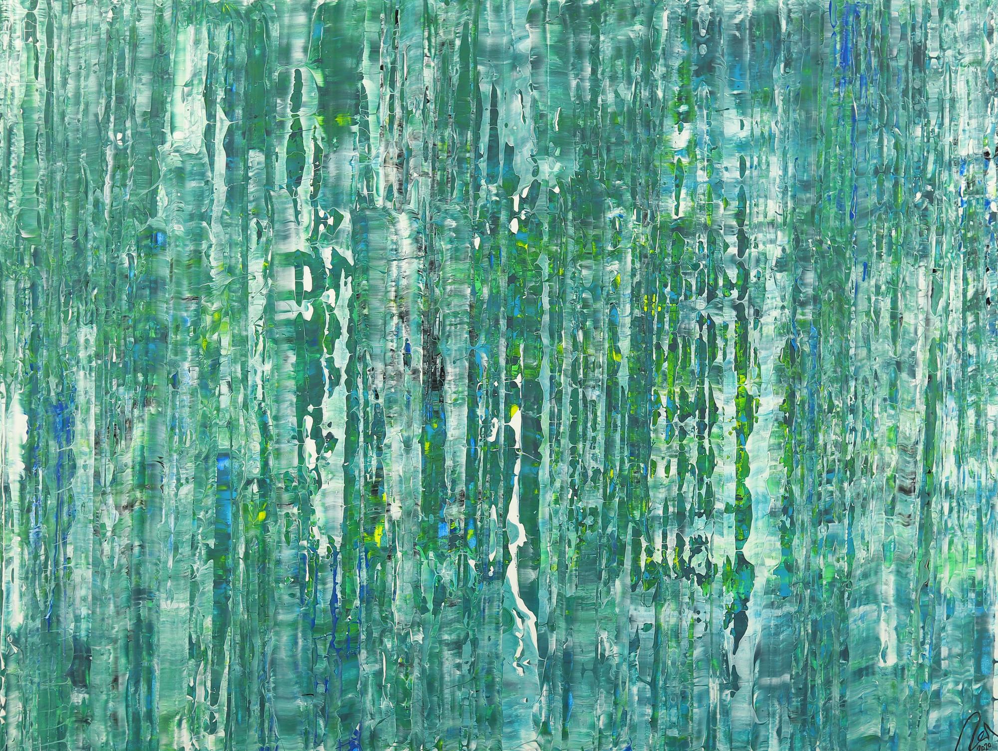 Abstraktes Acrylbild Modern Art auf Leinwand handgemalt petrol blau grün gelb weiß