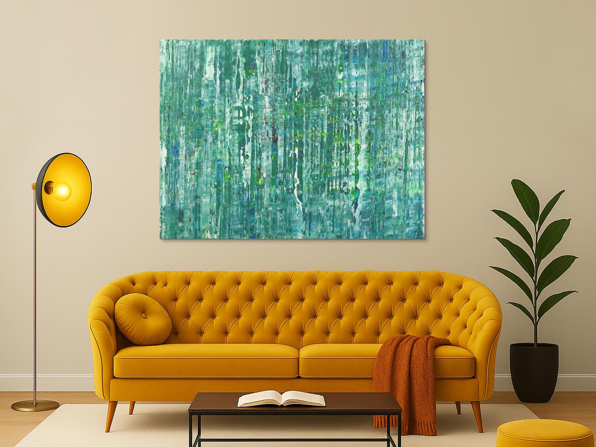 Abstraktes Acrylbild Modern Art auf Leinwand handgemalt petrol blau grün gelb weiß