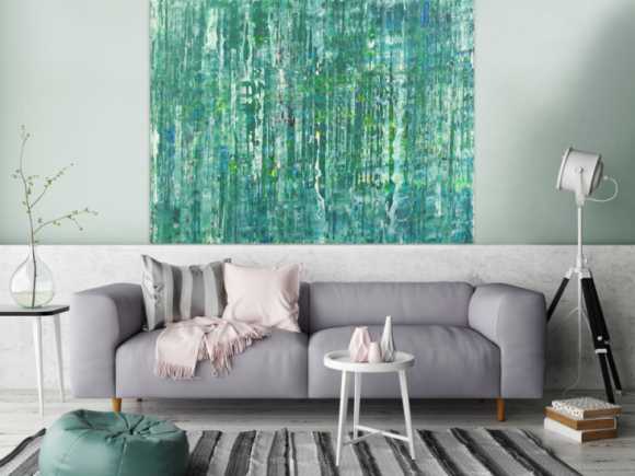 Abstraktes Acrylbild Modern Art auf Leinwand handgemalt petrol blau grün gelb weiß